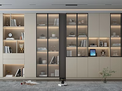 Modern Bookcase With Glass Doors Shelves Books Lighting And Decorations 3d model