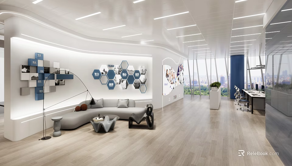 Public Office Space with Modern Geometric Wall Sofa Lounge Area and Large Bright Windows 3d model 
