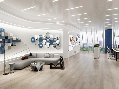 Public Office Space with Modern Geometric Wall Sofa Lounge Area and Large Bright Windows 3d model