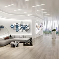 Public Office Space with Modern Geometric Wall Sofa Lounge Area and Large Bright Windows
