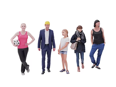 Diverse Group of People Standing Together With Soccer Ball Yellow Hard Hat And Different Outfits 3d model