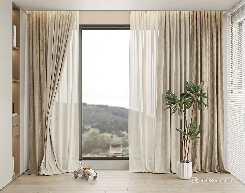 Lightweight Beige Curtains For Living Room Window With Mountain View And Potted Plant 3d model 