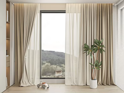 Lightweight Beige Curtains For Living Room Window With Mountain View And Potted Plant 3d model