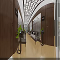 Chinese Style Corridor Interior With Wooden Structure Green Plants And Benches