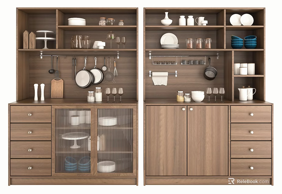 Wooden Dining Sideboard With Open Shelves Drawers Glass Doors And Tableware Storage 3d model 