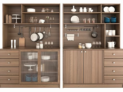 Wooden Dining Sideboard With Open Shelves Drawers Glass Doors And Tableware Storage 3d model