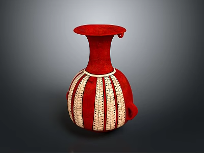 Elegant Red Decorative Vase With White Striped Patterns And Intricate Ornaments 3d model