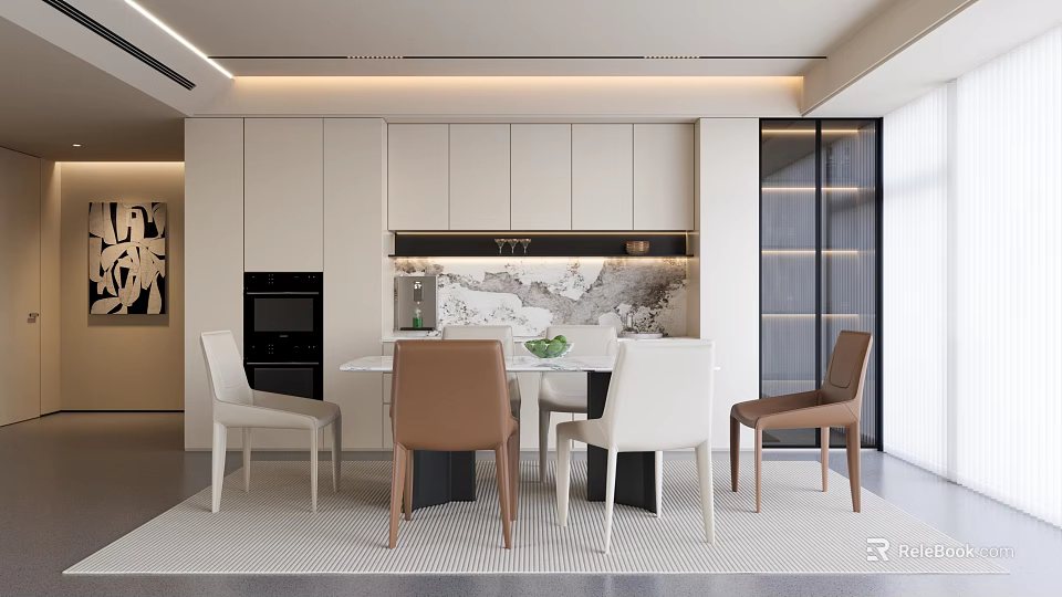 Modern Restaurant Interior Design With White Beige Cabinets Marble Countertop Dining Table And Mixed Color Chairs 3d model 