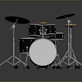 Modern Black Drum Kit with White Drumheads Cymbals and Silver Stands Displayed on Dark Background