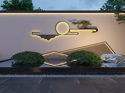 Modern Garden Wall With Illuminated Moon Mountain Design Green Bushes And Water Reflection 3d model