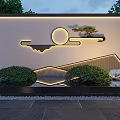 Modern Garden Wall With Illuminated Moon Mountain Design Green Bushes And Water Reflection