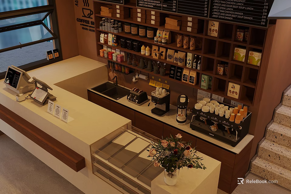 Cafe Interior Featuring Counter Coffee Machine Shelves With Coffee Products And Flowers 3d model 
