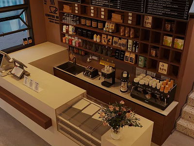 Cafe Interior Featuring Counter Coffee Machine Shelves With Coffee Products And Flowers 3d model