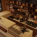 Cafe Interior Featuring Counter Coffee Machine Shelves With Coffee Products And Flowers