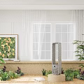 Tower Air Cooler Fan in Bright Indoor Garden with Green Plants and Scenic Window View