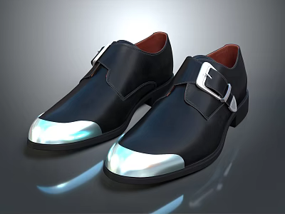 Black Leather Shoes with Silver Toe Caps and Metal Buckles Classic Design 3d model