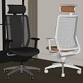 Two Modern Black and White Mesh Office Chairs in Interior Design Space