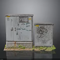 Old Weathered Electrical Utility Boxes With Graffiti And Green Grass Base