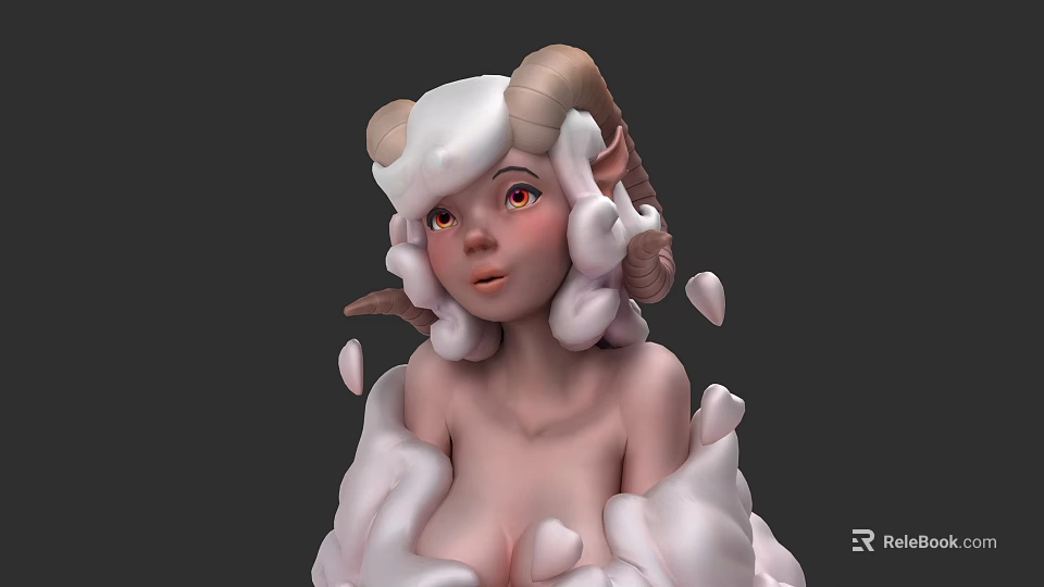 Woman With Ram Horns And White Curly Hair Surrounded By Falling Petals And Cottony Foam 3d model 