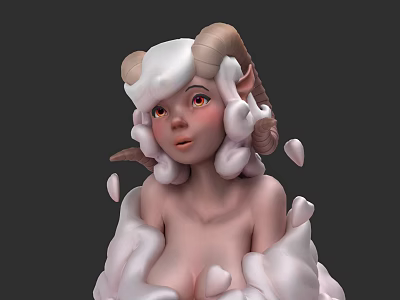 Woman With Ram Horns And White Curly Hair Surrounded By Falling Petals And Cottony Foam 3d model