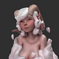 Woman With Ram Horns And White Curly Hair Surrounded By Falling Petals And Cottony Foam