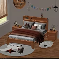 Wooden Double Bed With Headboard Shelf Pillows Blanket And Nightstand Decorations