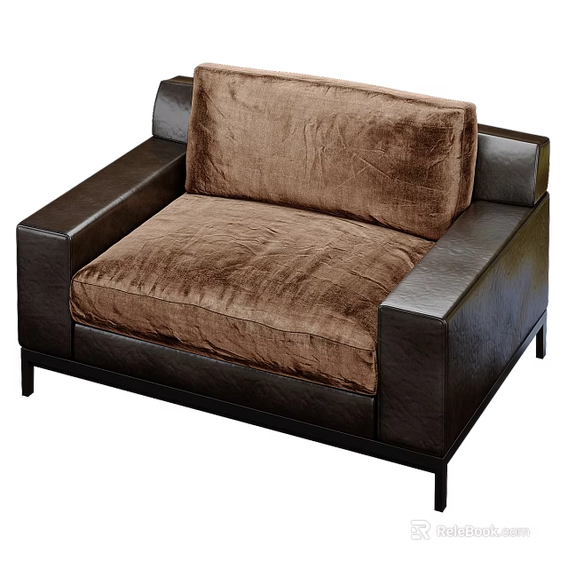 Elegant Modern Armchair With Brown Velvet Cushion Backrest And Black Leather Frame 3d model 