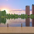 Tranquil Scenic View of Calm Lake With Wooden Dock Trees and Tall Building Reflections