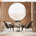 Modern Chair And Table Set With Round Window Desert View And Wooden Walls