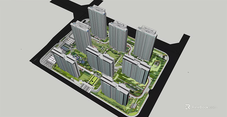 Modern High Rise Residential Complex With Green Spaces And Landscape Design 3d model 