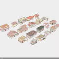 Various Small Building Models With Red Gray Tiles White Red Brown Exteriors Single Multi Story