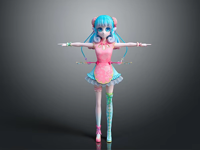 3D Game Anime Character With Blue Twintails Pink Dress Bow And Outstretched Arms 3d model
