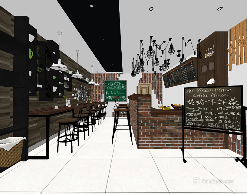 Cozy Milk Tea Shop Interior With Chalkboard Menu Brick Wall Counter And Hanging Lights 3d model 