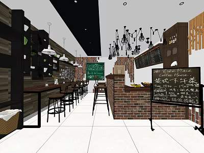 Cozy Milk Tea Shop Interior With Chalkboard Menu Brick Wall Counter And Hanging Lights 3d model