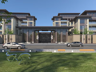Chinese Style Entrance Gate With Flanking Buildings Cars And Lawn Deer Sculpture Under Blue Sky 3d model