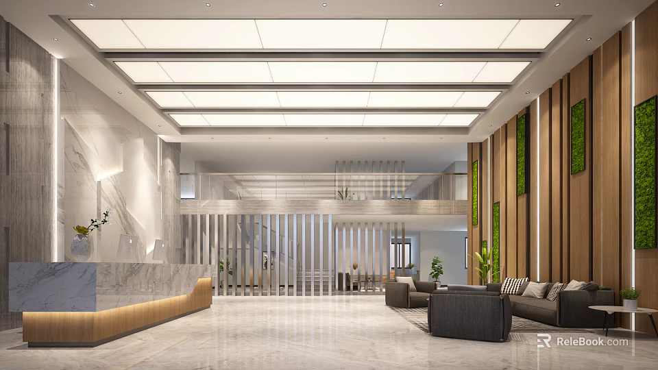 Modern Lobby Reception Area With Marble Desk Comfortable Sofa Green Plant Wall Open Space And Lighting 3d model 