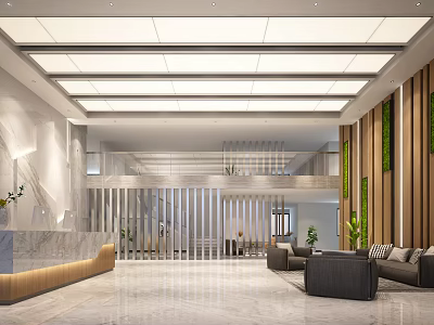 Modern Lobby Reception Area With Marble Desk Comfortable Sofa Green Plant Wall Open Space And Lighting 3d model
