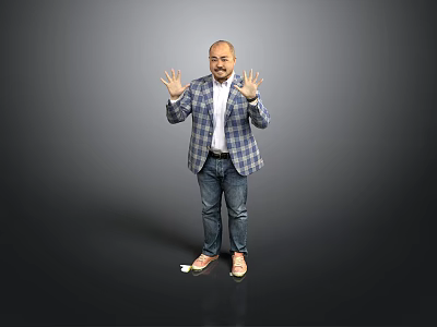 Man in plaid blazer white shirt blue jeans and sandals spreading hands on grey background 3d model