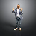 Man in plaid blazer white shirt blue jeans and sandals spreading hands on grey background
