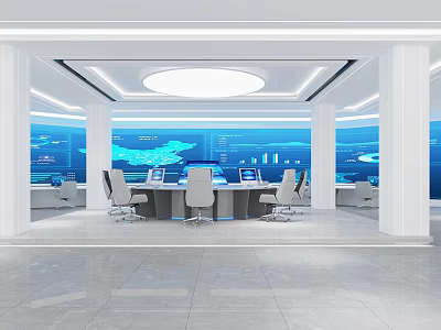 Modern Service Hall Interior With Spacious Layout Service Counters And Digital Screens 3d model