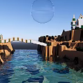Magical Cartoon Scene with Mountain Cliff Dome Building Green Door Stairs Water and Greenery