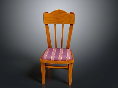 Classic Wooden Chair With Vertical Slats Backrest And Striped Fabric Seat Cushion 3d model