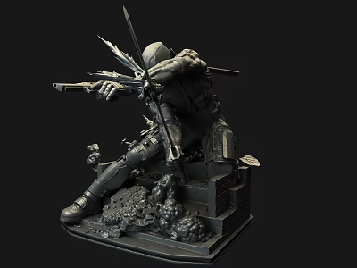 Detailed Sculpted Figure In Dynamic Action Pose With Swords Gun On Rock Textured Base 3d model