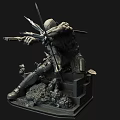 Detailed Sculpted Figure In Dynamic Action Pose With Swords Gun On Rock Textured Base