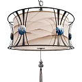 Elegant Chandelier Design With Black Metal Frame Beige Fabric Shade Blue Accent Balls Tassel Pendant