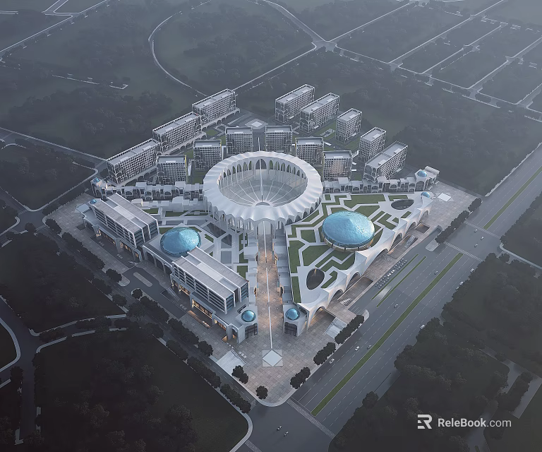 Aerial View Planning of Large Urban Complex with Central Circular Structure and Blue Domes 3d model 