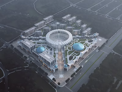 Aerial View Planning of Large Urban Complex with Central Circular Structure and Blue Domes 3d model