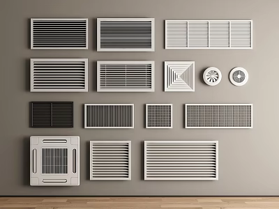 Various Air Conditioner Vents with Different Designs Arranged on Gray Wall for Home Interior 3d model