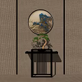 Chinese Style Console Table With Pine Bonsai And Round Mountain Painting