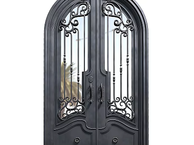 Black Double Arched Top Wrought Iron Gate with Intricate Scroll Designs and Glass Panels 3d model